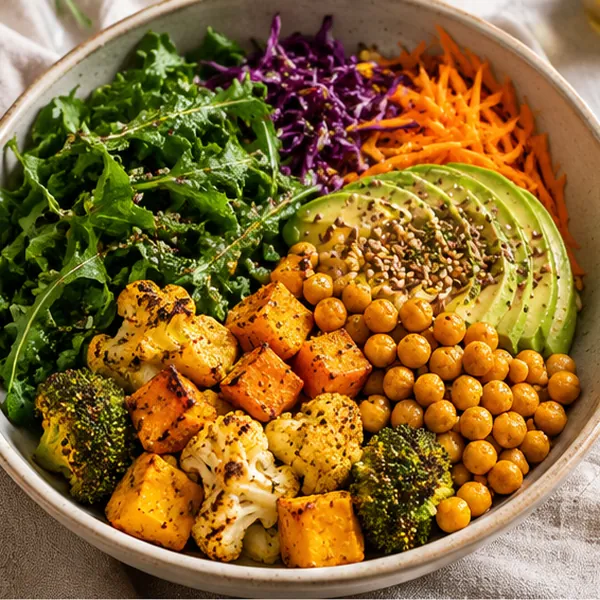 Bowl colorido com folhas, legumes assados e grão-de-bico