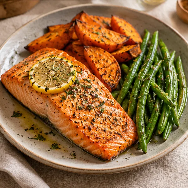 Salmão com batata-doce assada e vagem