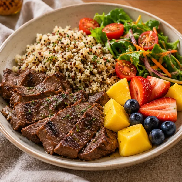 Prato equilibrado com carne magra, quinoa e salada colorida