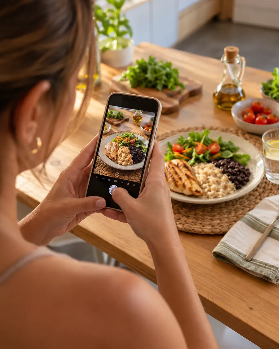 Mulher fotografando o prato do almoço com o celular