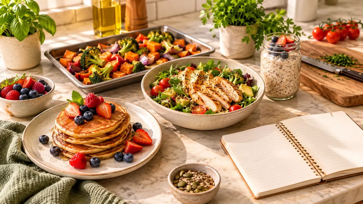 Bancada de cozinha com panquecas proteicas, legumes assados, salada de frango e aveia